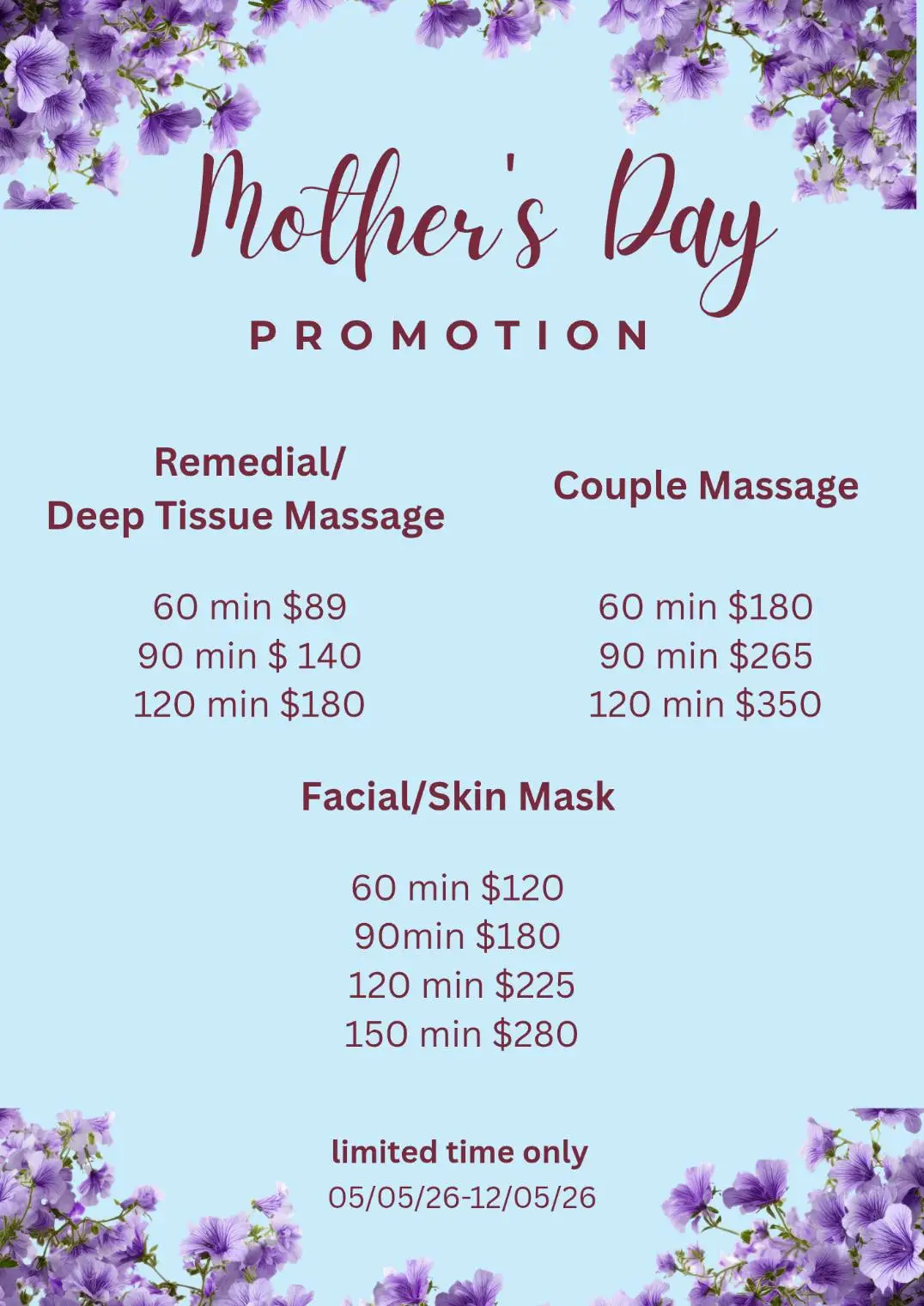 remedial massage and spa mother day promotion 2026